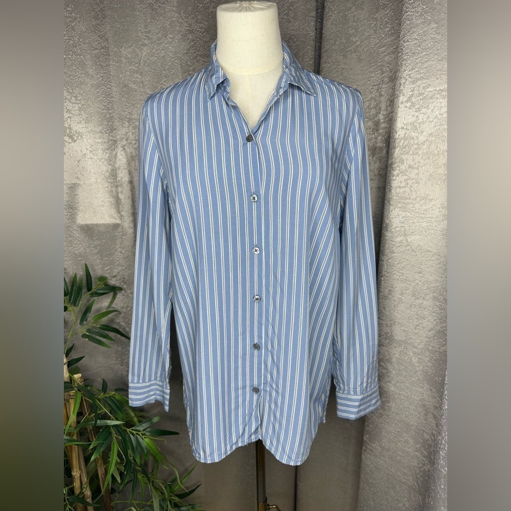 J. Jill Women’s Striped Print Long Sleeve Button-Down Shirt Blue Sz XS